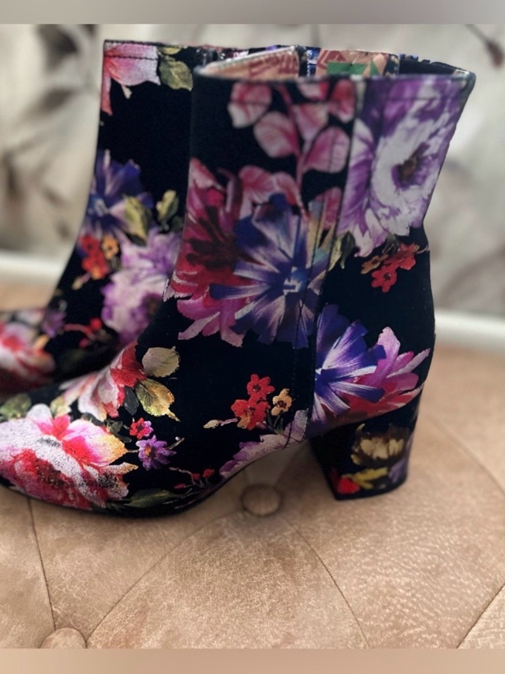 Floral Velvet Ankle Booties - Black with Multi Floral by Miss L Fire Italy